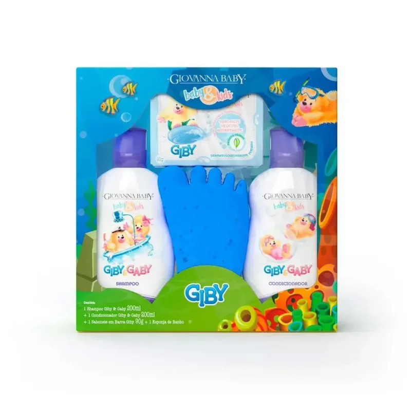 Kit Giovanna Baby Hora do Banho Giby Shampoo 200ml + Condicionador 200ml + Sabonete em Barra Infantil  90g + 1 Esponja de Banho Azul