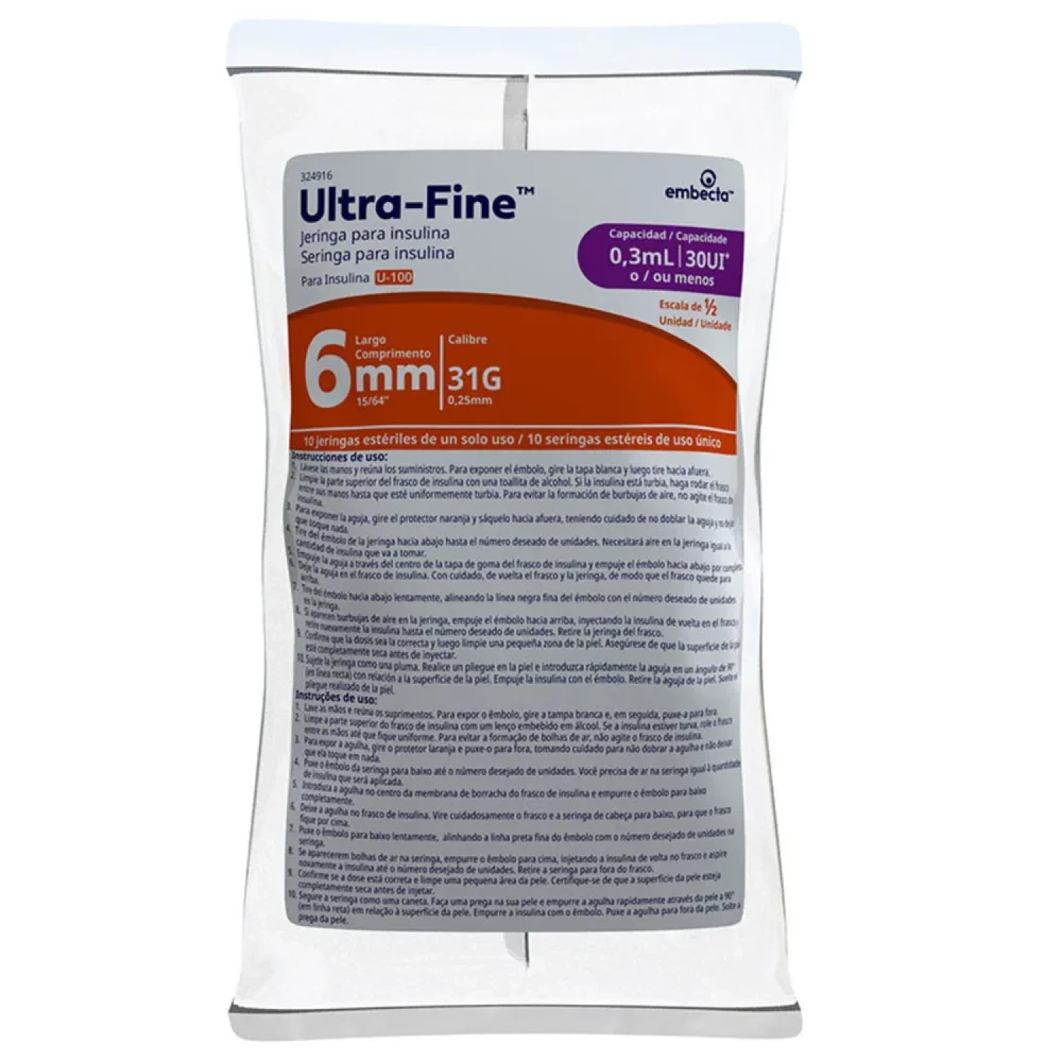 Seringa de Insulina 30UI Embecta Ultra-Fine Agulha 6mm, com 10 unidades (1/1)