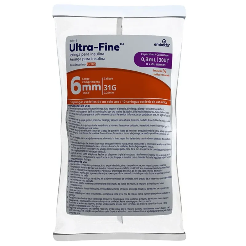 Seringa de Insulina 30UI Embecta Ultra-Fine Agulha 6mm, com 10 unidades