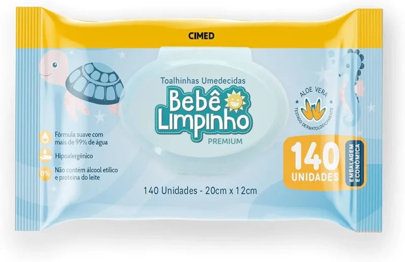 Lenço Umedecido Bebê Limpinho Premium, com 140 unidades