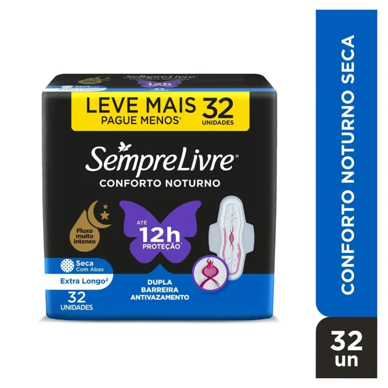 Absorvente Sempre Livre Adapt Plus Noite e Dia Seca com Abas, com 32 unidades