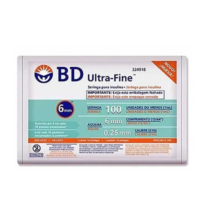 Seringa de Insulina 100UI BD Ultra-Fine Agulha 6mm, com 10 unidades