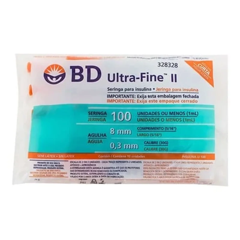 Seringa de Insulina 100UI BD Ultra-Fine Agulha 8mm, com 10 unidades