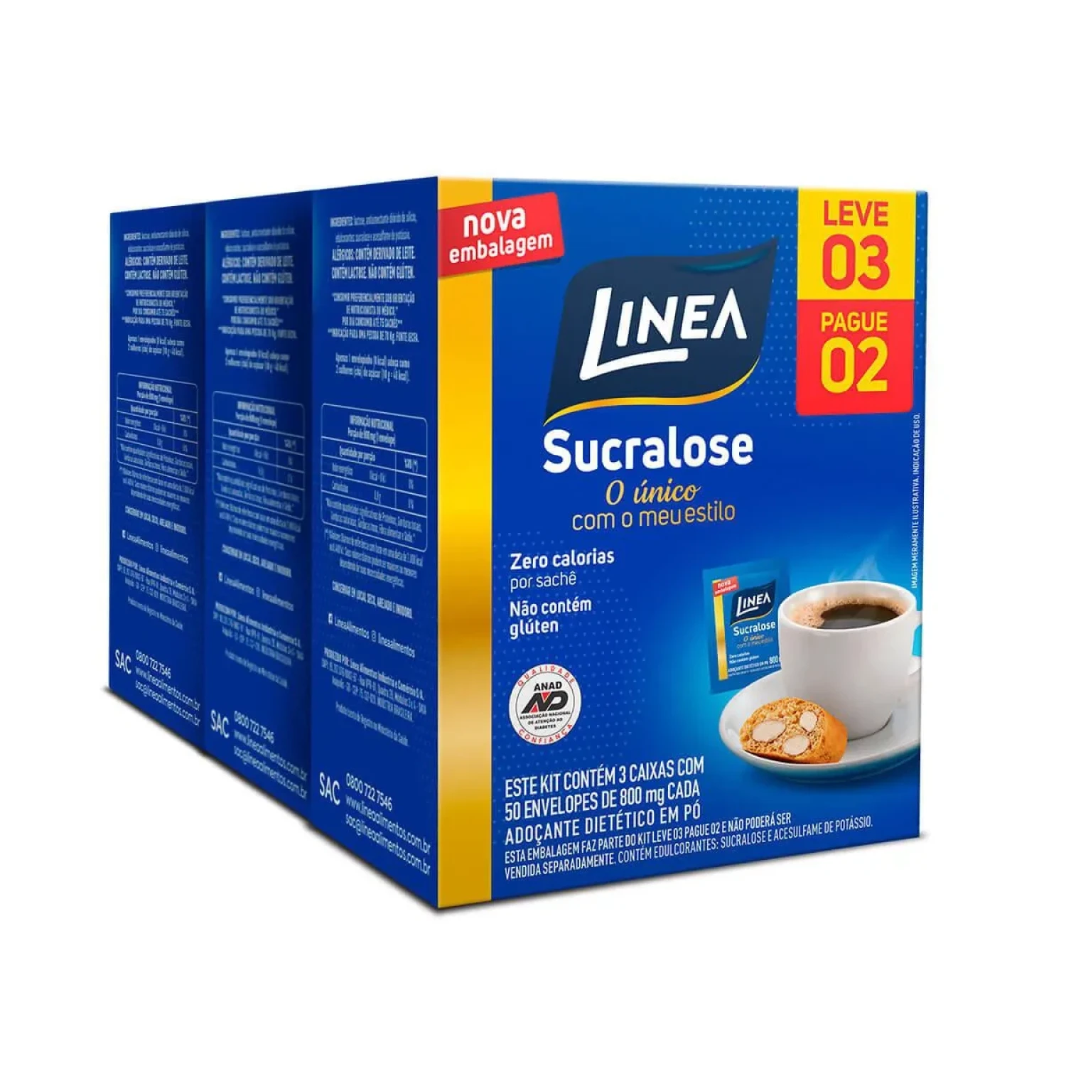 Kit Adoçante Linea Sucralose em Pó, com 3 unidades de 50 envelopes (1/1)