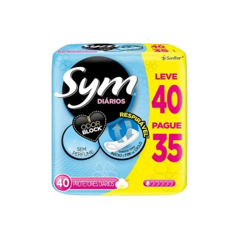 Protetor Diário Sym Odor Block sem Perfume, com 40 unidades