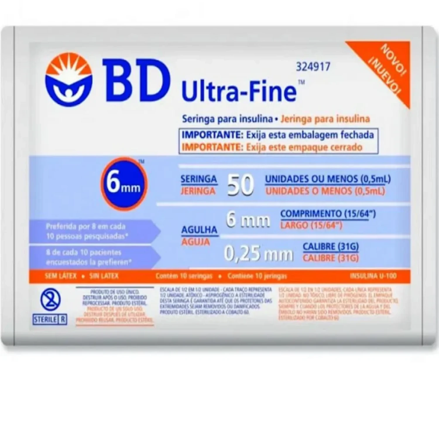 Seringa de Insulina 50UI BD Ultra-Fine Agulha 6mm, com 10 unidades (1/1)