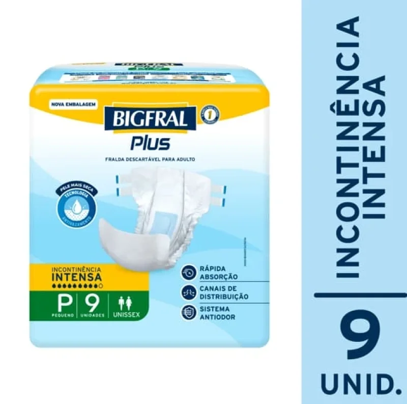 Fralda Geriátrica Bigfral Regular Plus P, pacote com 9 unidades