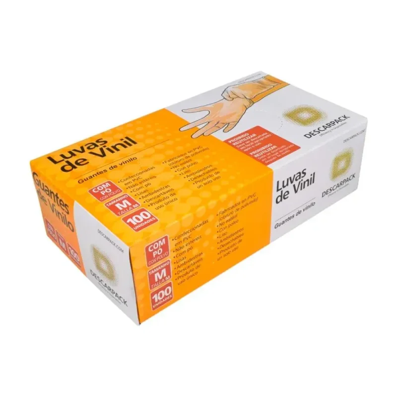 Luva Descartável Vinil com Pó Transparente Descarpack M, com 100 unidades