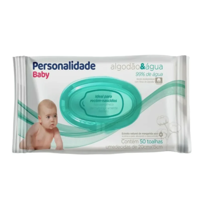 Lenço Umedecido Personalidade Baby Algodão e Água, com 50 unidades