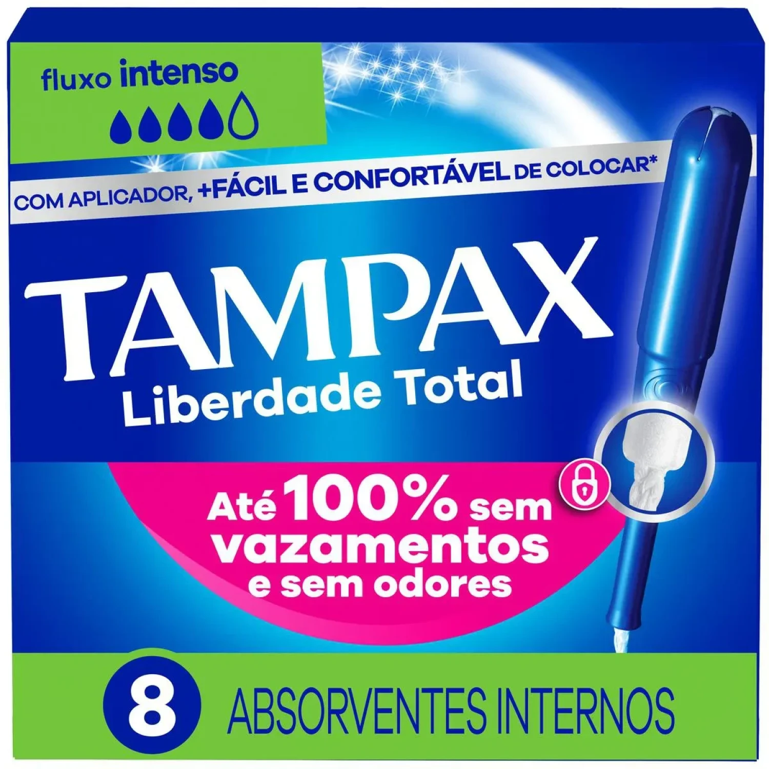 Absorvente Interno Tampax Liberdade Total Fluxo Intenso com Aplicador, com 8 unidades (1/1)