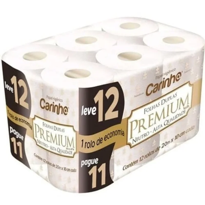 Papel Higiênico Carinho Premium Soft Folha Dupla 20m, com 12 rolos
