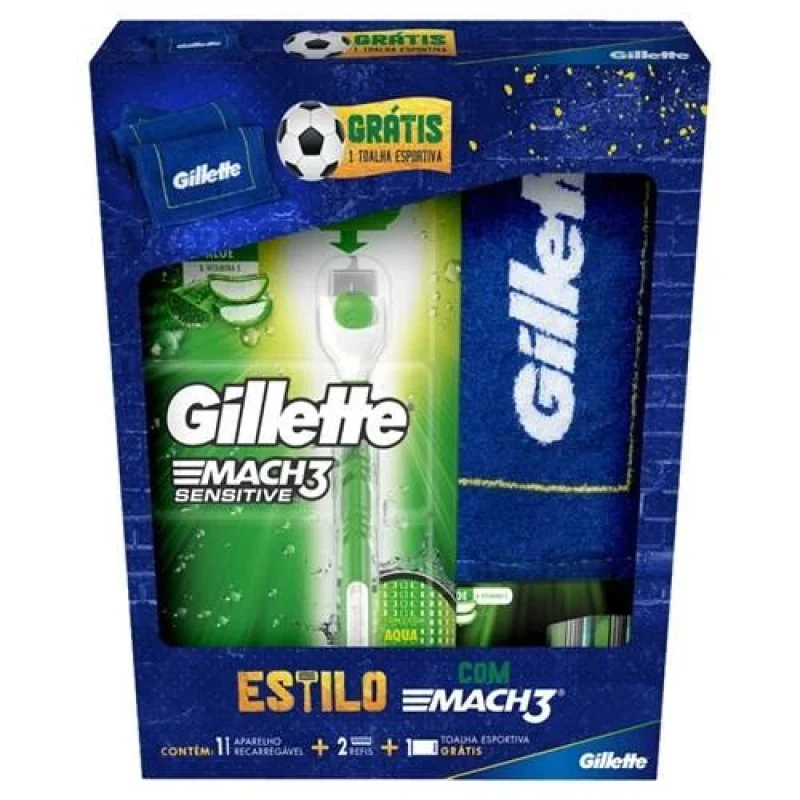 Kit Barbear Gillette Mach3 Sensitive, com 1 Aparelho + 2 Cargas + Toalha Esportiva