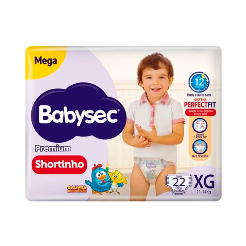 Fralda Babysec Premium Shortinho Mega XG, com 22 unidades